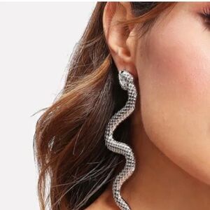 SNAKE Silver Tone Dangle Long Earrings 4" Serpent Black Eyes Fashion Jew…